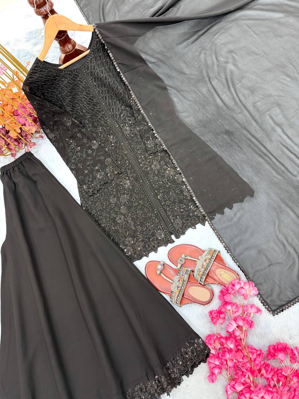 Black Georgette Sequence Work Palazzo Suit ClothsVilla