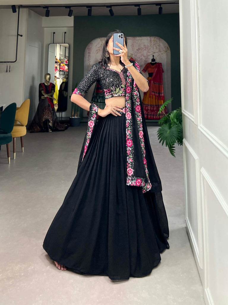 Black Georgette Sequin Lehenga Choli with Delicate Embroidery ClothsVilla