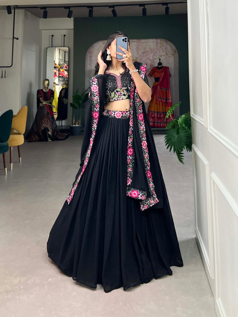 Black Georgette Sequin Lehenga Choli with Delicate Embroidery ClothsVilla