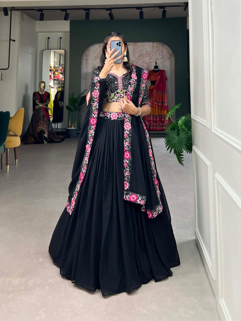 Black Georgette Sequin Lehenga Choli with Delicate Embroidery ClothsVilla