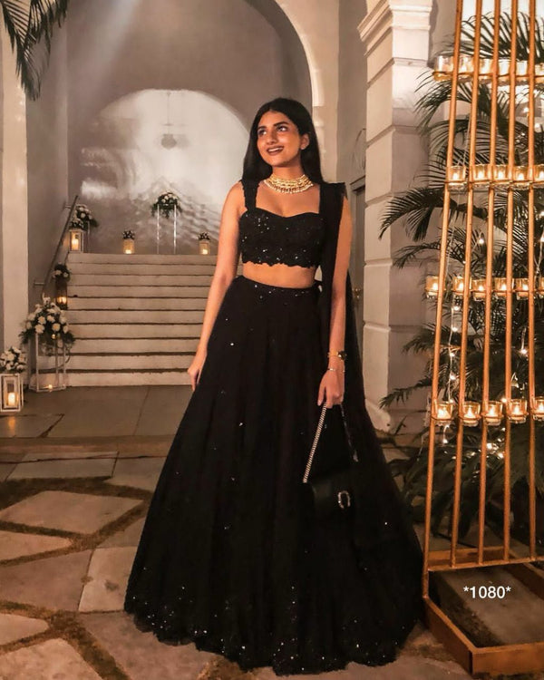 Black Georgette Sequin & Thread Work Lehenga Set with Dupatta ClothsVilla