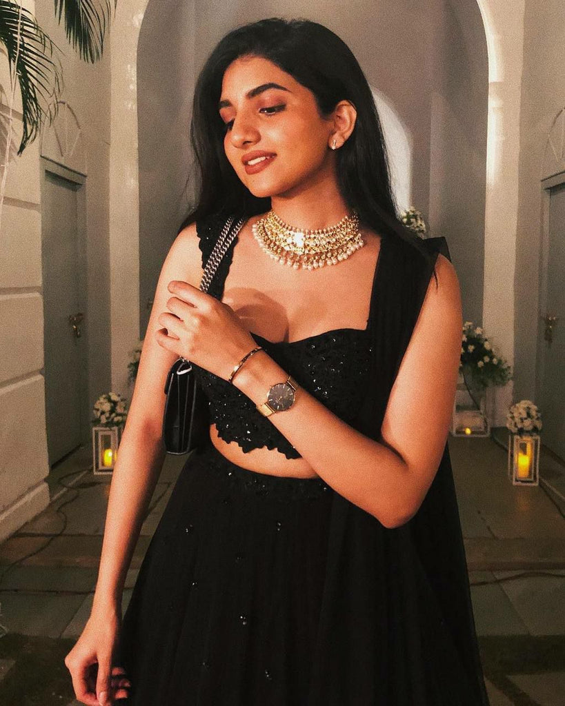 Black Georgette Sequin & Thread Work Lehenga Set with Dupatta ClothsVilla