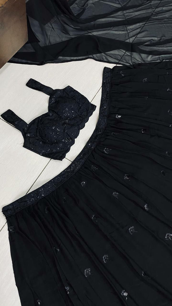 Black Georgette Sequin & Thread Work Lehenga Set with Dupatta ClothsVilla