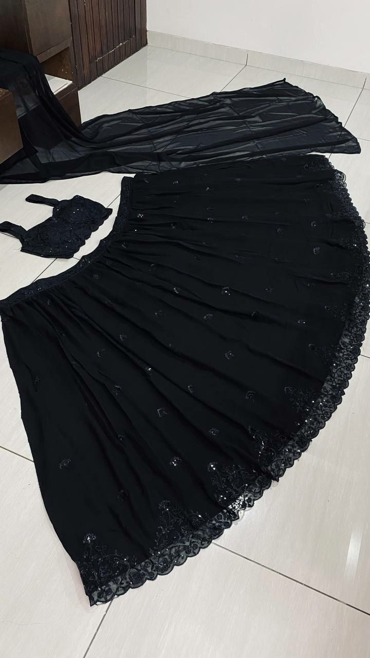 Black Georgette Sequin & Thread Work Lehenga Set with Dupatta ClothsVilla
