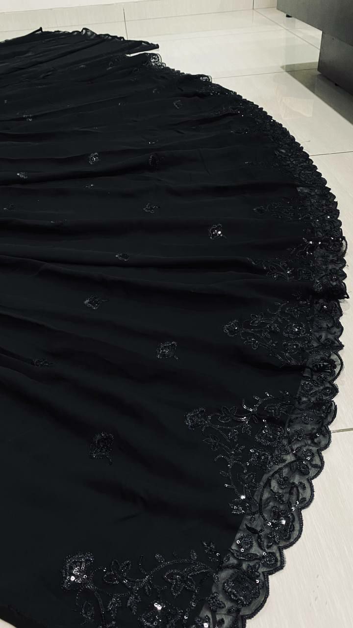 Black Georgette Sequin & Thread Work Lehenga Set with Dupatta ClothsVilla
