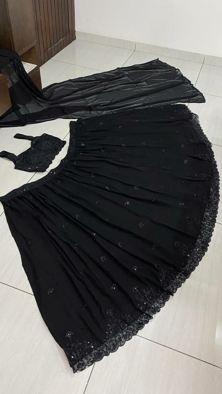 Black Georgette Sequin & Thread Work Lehenga Set with Dupatta ClothsVilla