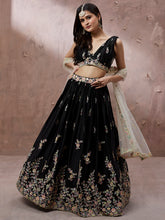 Load image into Gallery viewer, Black Georgette Sequins with Zarkan embroidery Semi-Stitched Lehenga choli &amp; Dupatta Clothsvilla