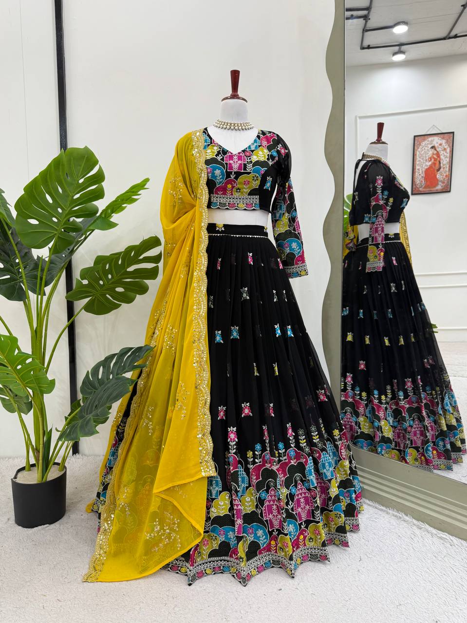Black Glam Faux Georgette Lehenga Choli Set with Thread & Sequin Work Full Stitched Lehenga with Can-Can & Dupatta ClothsVilla