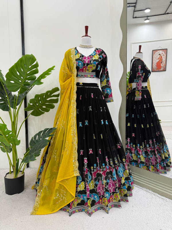 Black Glam Faux Georgette Lehenga Choli Set with Thread & Sequin Work Full Stitched Lehenga with Can-Can & Dupatta ClothsVilla