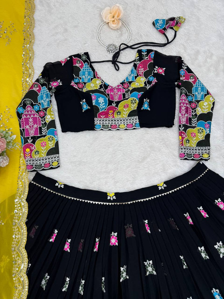 Black Glam Faux Georgette Lehenga Choli Set with Thread & Sequin Work Full Stitched Lehenga with Can-Can & Dupatta ClothsVilla