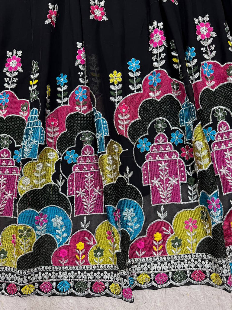 Black Glam Faux Georgette Lehenga Choli Set with Thread & Sequin Work Full Stitched Lehenga with Can-Can & Dupatta ClothsVilla