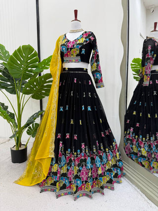 Black Glam Faux Georgette Lehenga Choli Set with Thread & Sequin Work Full Stitched Lehenga with Can-Can & Dupatta ClothsVilla
