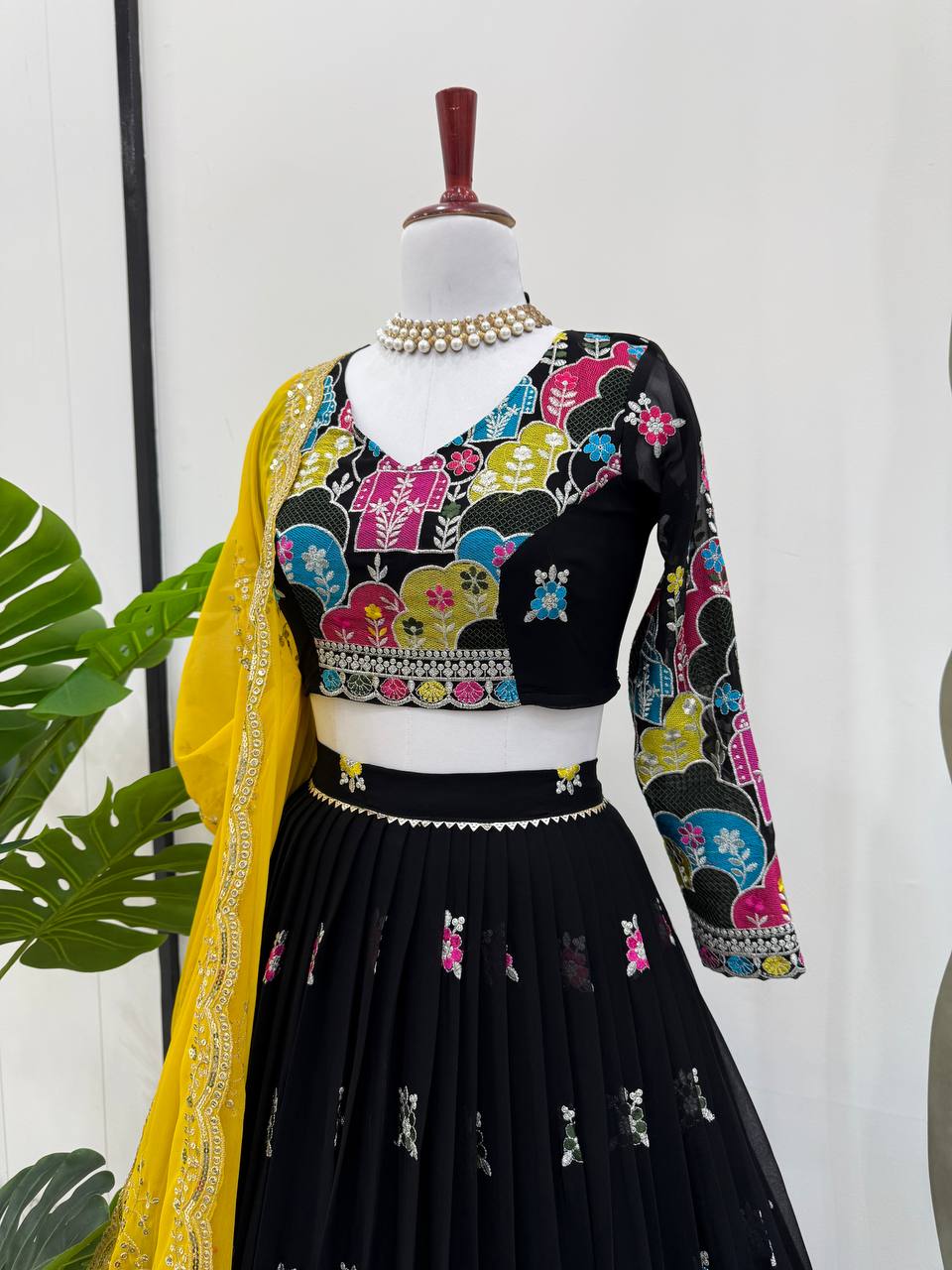 Black Glam Faux Georgette Lehenga Choli Set with Thread & Sequin Work Full Stitched Lehenga with Can-Can & Dupatta ClothsVilla