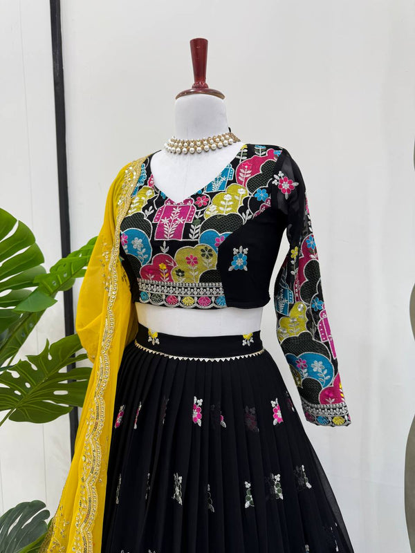 Black Glam Faux Georgette Lehenga Choli Set with Thread & Sequin Work Full Stitched Lehenga with Can-Can & Dupatta ClothsVilla