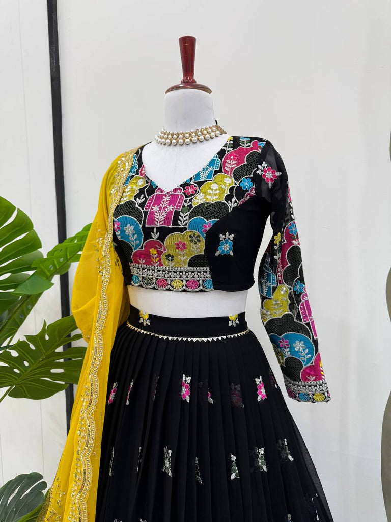 Black Glam Faux Georgette Lehenga Choli Set with Thread & Sequin Work Full Stitched Lehenga with Can-Can & Dupatta ClothsVilla
