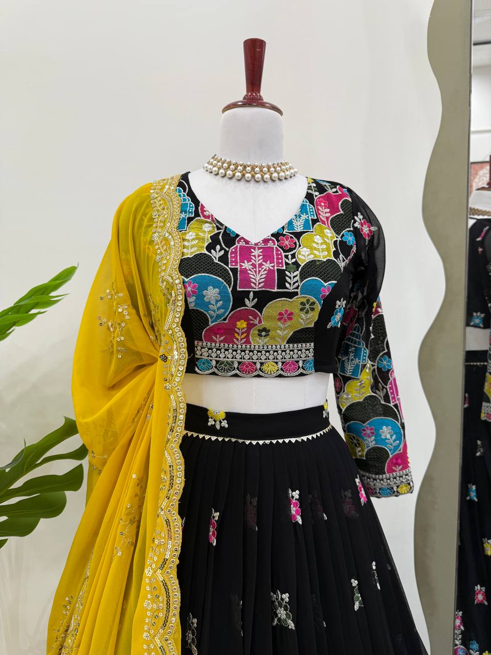 Black Glam Faux Georgette Lehenga Choli Set with Thread & Sequin Work Full Stitched Lehenga with Can-Can & Dupatta ClothsVilla