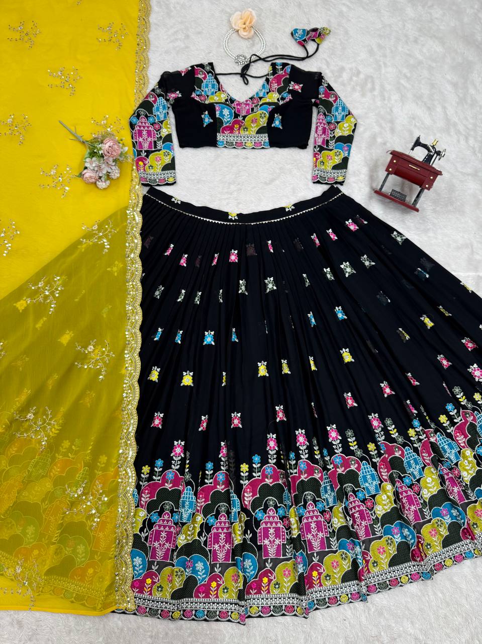 Black Glam Faux Georgette Lehenga Choli Set with Thread & Sequin Work Full Stitched Lehenga with Can-Can & Dupatta ClothsVilla