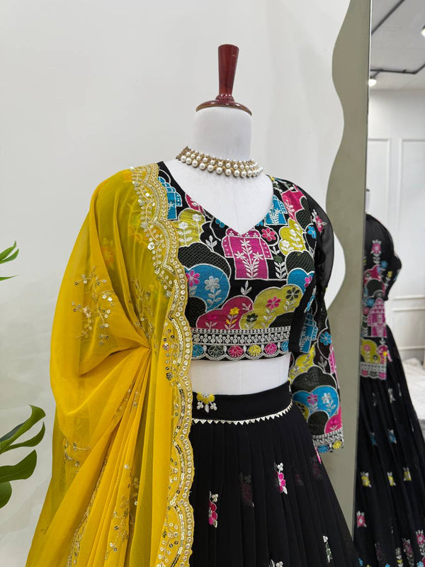 Black Glam Faux Georgette Lehenga Choli Set with Thread & Sequin Work Full Stitched Lehenga with Can-Can & Dupatta ClothsVilla