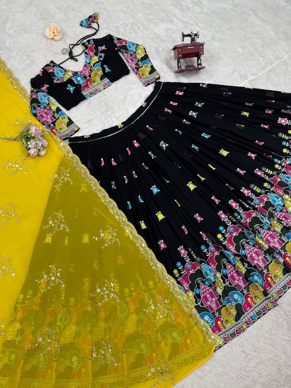 Black Glam Faux Georgette Lehenga Choli Set with Thread & Sequin Work Full Stitched Lehenga with Can-Can & Dupatta ClothsVilla