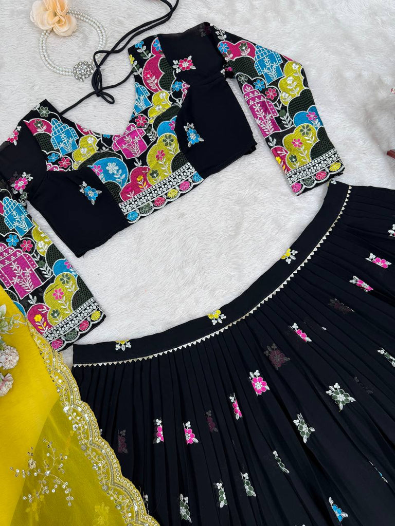 Black Glam Faux Georgette Lehenga Choli Set with Thread & Sequin Work Full Stitched Lehenga with Can-Can & Dupatta ClothsVilla