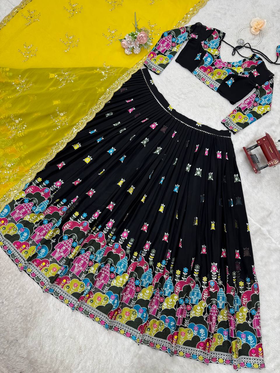 Black Glam Faux Georgette Lehenga Choli Set with Thread & Sequin Work Full Stitched Lehenga with Can-Can & Dupatta ClothsVilla
