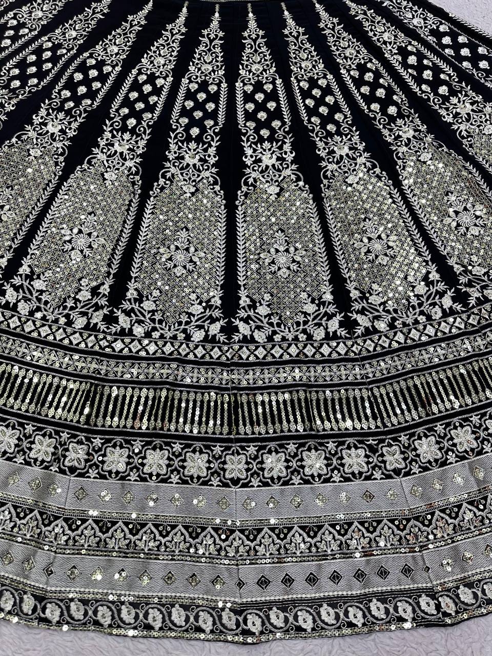 Black Glam Fox Georgette Sequin Embroidered Lehenga Set with Four-Side Lace Dupatta ClothsVilla