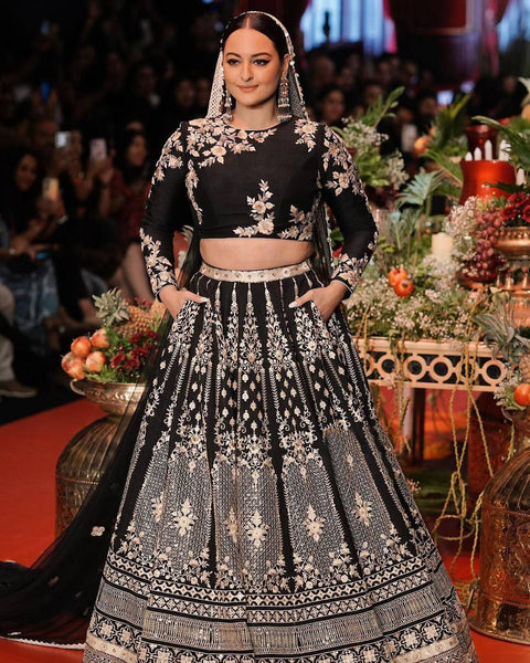 Black Glam Fox Georgette Sequin Embroidered Lehenga Set with Four-Side Lace Dupatta ClothsVilla Main image