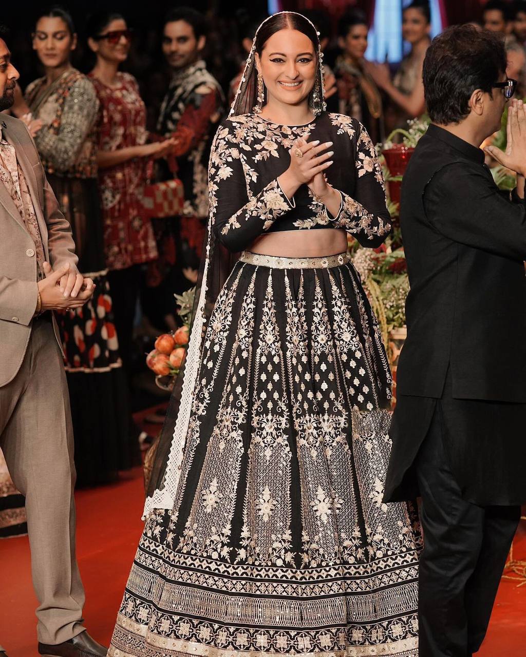 Black Glam Fox Georgette Sequin Embroidered Lehenga Set with Four-Side Lace Dupatta ClothsVilla