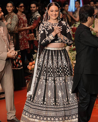 Black Glam Fox Georgette Sequin Embroidered Lehenga Set with Four-Side Lace Dupatta ClothsVilla