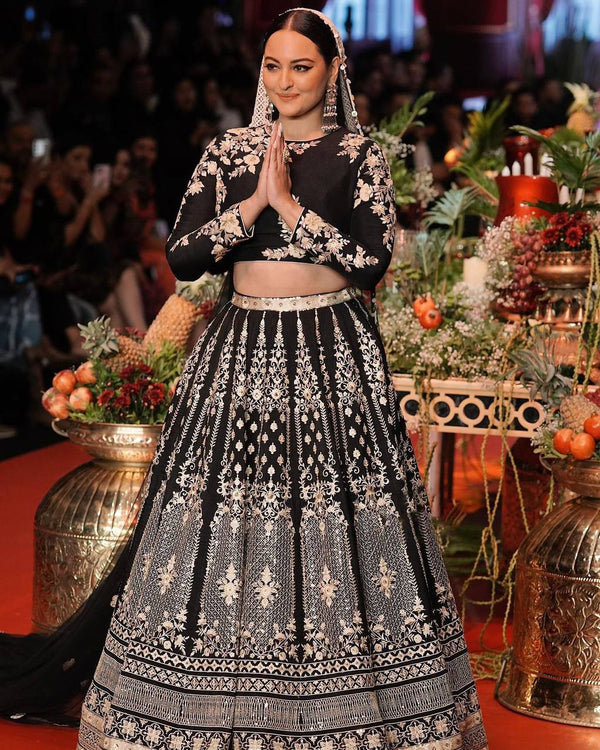 Black Glam Fox Georgette Sequin Embroidered Lehenga Set with Four-Side Lace Dupatta ClothsVilla