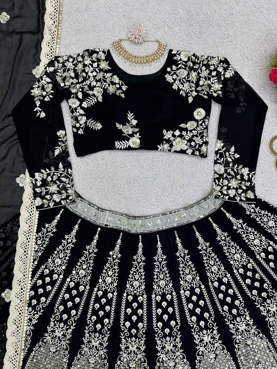 Black Glam Fox Georgette Sequin Embroidered Lehenga Set with Four-Side Lace Dupatta ClothsVilla