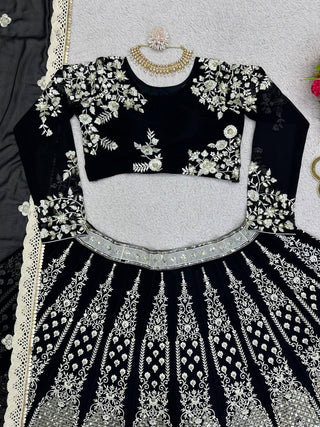 Black Glam Fox Georgette Sequin Embroidered Lehenga Set with Four-Side Lace Dupatta ClothsVilla