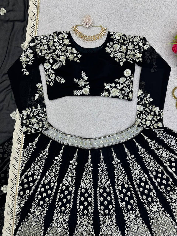 Black Glam Fox Georgette Sequin Embroidered Lehenga Set with Four-Side Lace Dupatta ClothsVilla