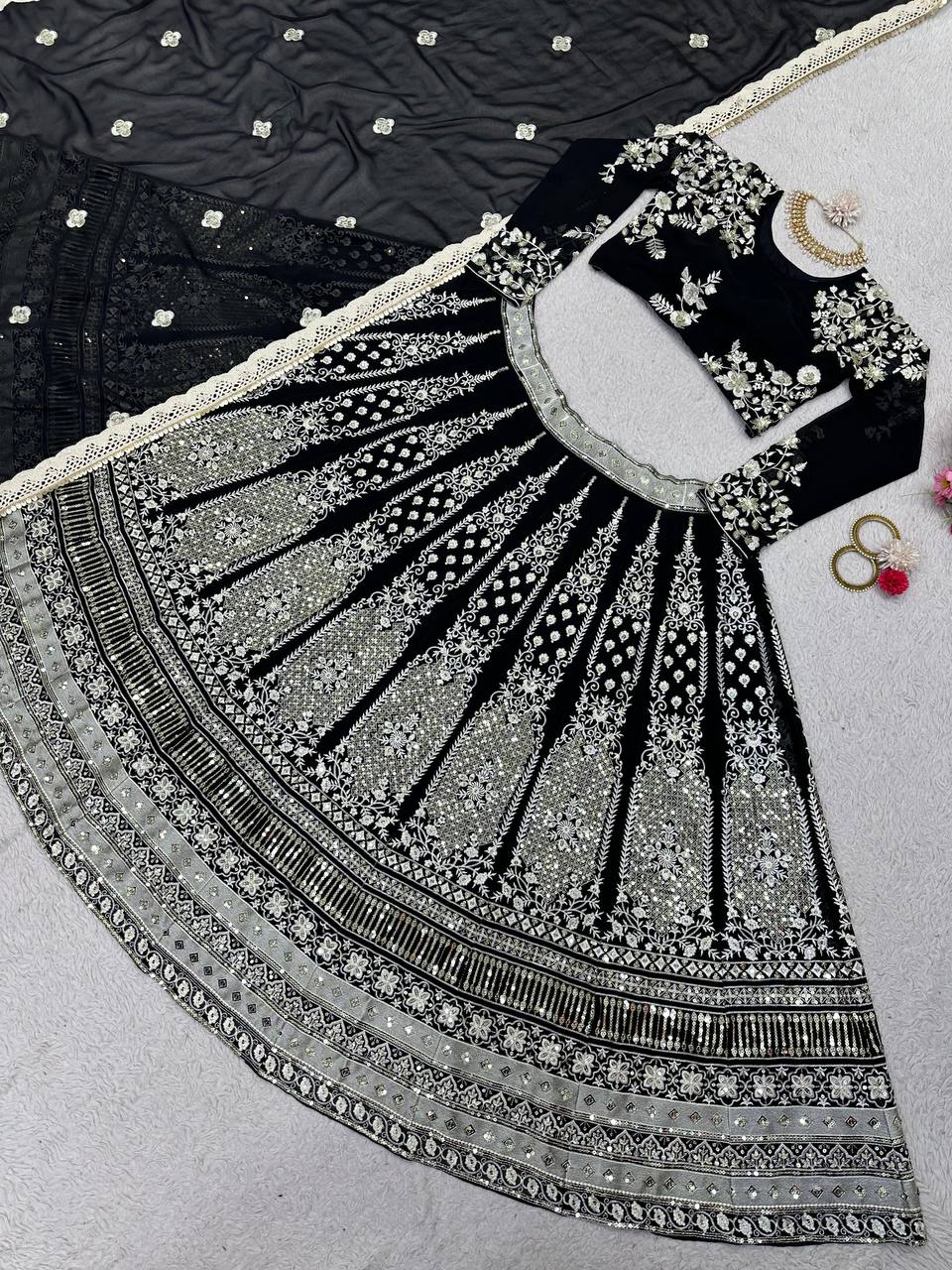 Black Glam Fox Georgette Sequin Embroidered Lehenga Set with Four-Side Lace Dupatta ClothsVilla