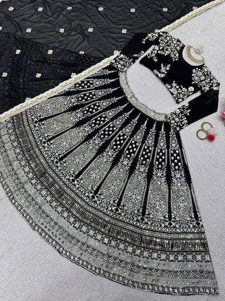 Black Glam Fox Georgette Sequin Embroidered Lehenga Set with Four-Side Lace Dupatta ClothsVilla