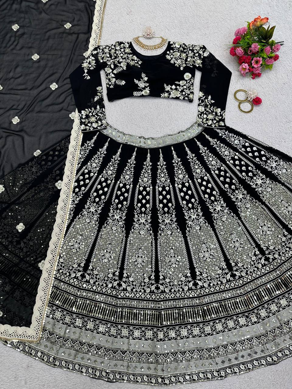 Black Glam Fox Georgette Sequin Embroidered Lehenga Set with Four-Side Lace Dupatta ClothsVilla