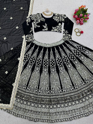 Black Glam Fox Georgette Sequin Embroidered Lehenga Set with Four-Side Lace Dupatta ClothsVilla