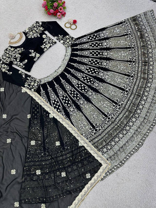 Black Glam Fox Georgette Sequin Embroidered Lehenga Set with Four-Side Lace Dupatta ClothsVilla