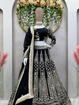 Black Glam Fox Georgette Sequin Embroidered Lehenga Set with Four-Side Lace Dupatta ClothsVilla