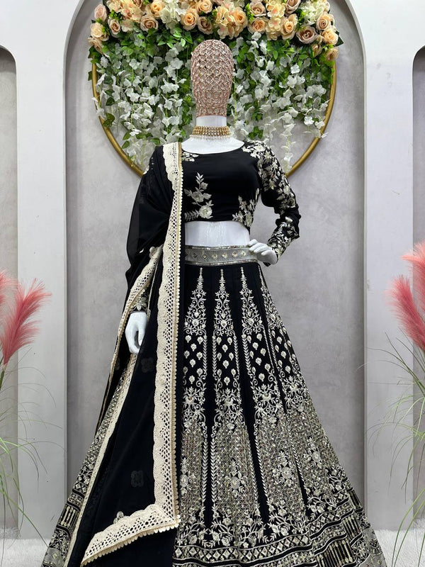 Black Glam Fox Georgette Sequin Embroidered Lehenga Set with Four-Side Lace Dupatta ClothsVilla