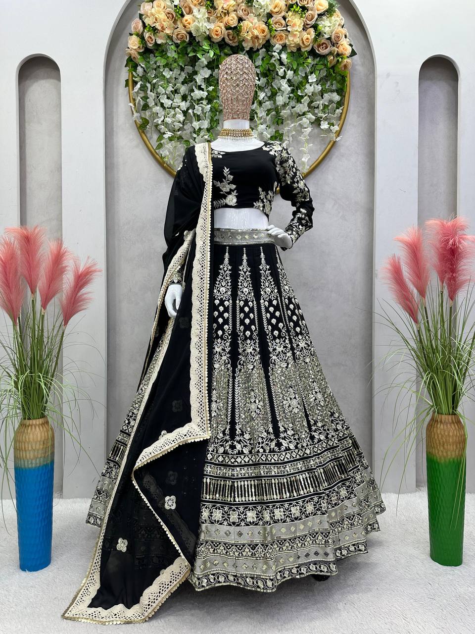 Black Glam Fox Georgette Sequin Embroidered Lehenga Set with Four-Side Lace Dupatta ClothsVilla