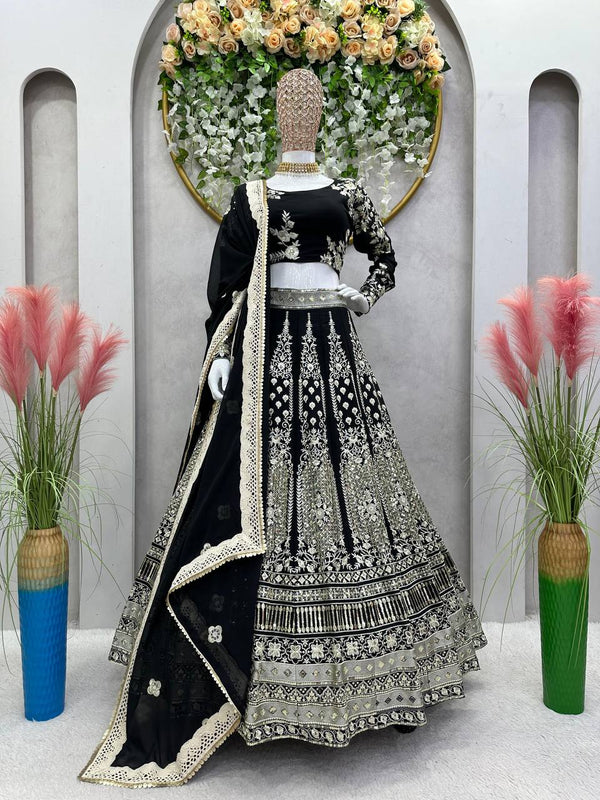 Black Glam Fox Georgette Sequin Embroidered Lehenga Set with Four-Side Lace Dupatta ClothsVilla