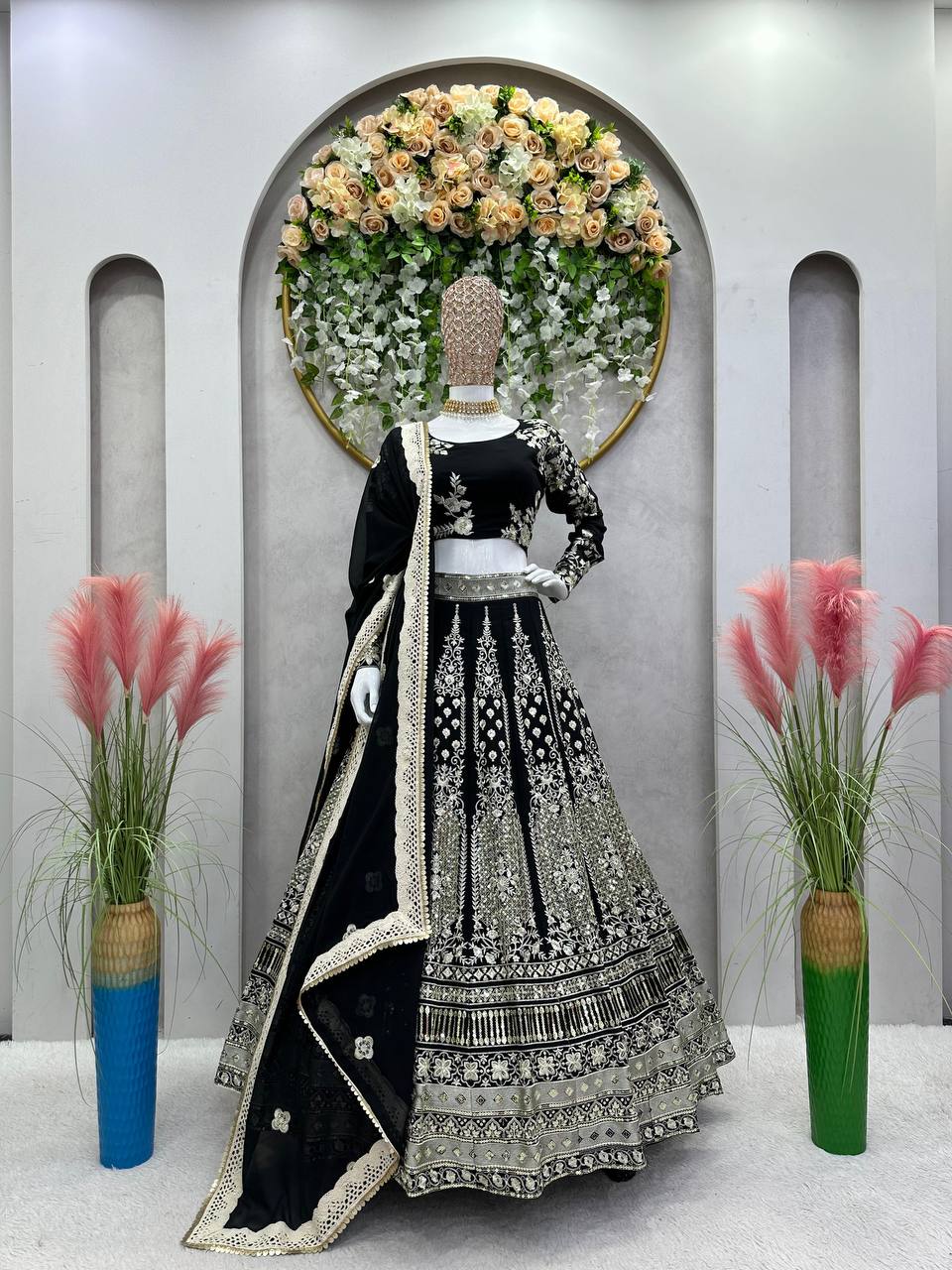 Black Glam Fox Georgette Sequin Embroidered Lehenga Set with Four-Side Lace Dupatta ClothsVilla