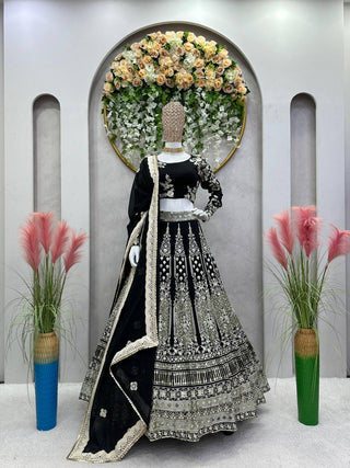 Black Glam Fox Georgette Sequin Embroidered Lehenga Set with Four-Side Lace Dupatta ClothsVilla