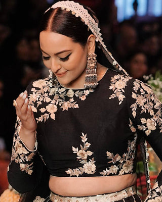 Black Glam Fox Georgette Sequin Embroidered Lehenga Set with Four-Side Lace Dupatta ClothsVilla