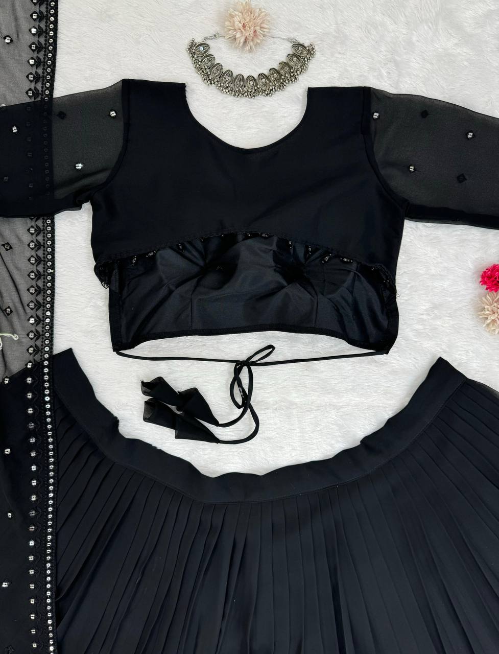 Black Glamorous Faux Georgette Lehenga Choli with Sequins & Lace Dupatta ClothsVilla