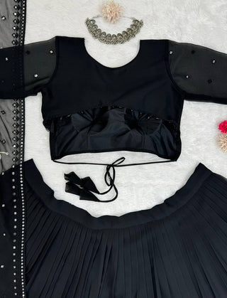 Black Glamorous Faux Georgette Lehenga Choli with Sequins & Lace Dupatta ClothsVilla