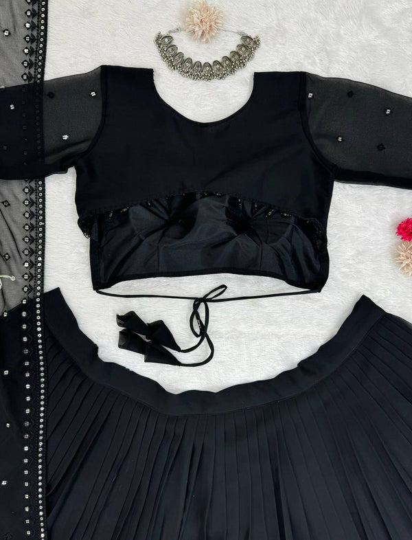 Black Glamorous Faux Georgette Lehenga Choli with Sequins & Lace Dupatta ClothsVilla