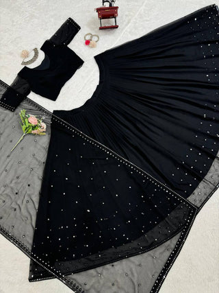 Black Glamorous Faux Georgette Lehenga Choli with Sequins & Lace Dupatta ClothsVilla