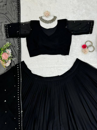 Black Glamorous Faux Georgette Lehenga Choli with Sequins & Lace Dupatta ClothsVilla